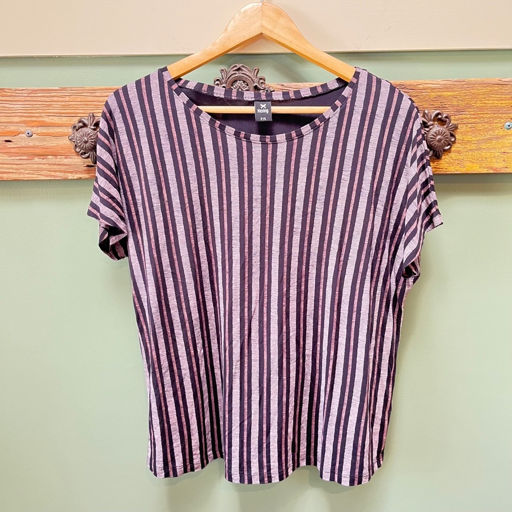 Hering Womens Striped Viscose Short Sleeve Scoop Neck Boxy Top Black Mauve Small